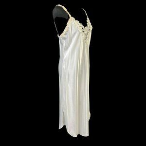 Dentelle White Satin Long Nightgown Set Size M Vintage 1980s USA lace Applique